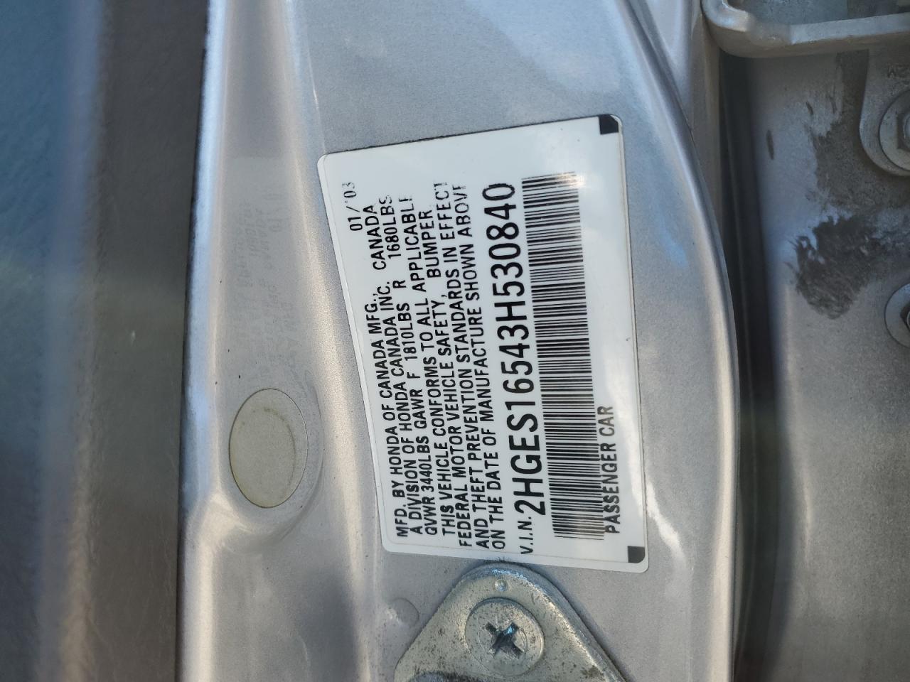 2003 Honda Civic Lx VIN: 2HGES16543H530840 Lot: 84037085