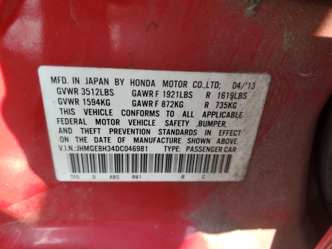 2013 Honda Fit VIN: JHMGE8H34DC046981 Lot: 80797225