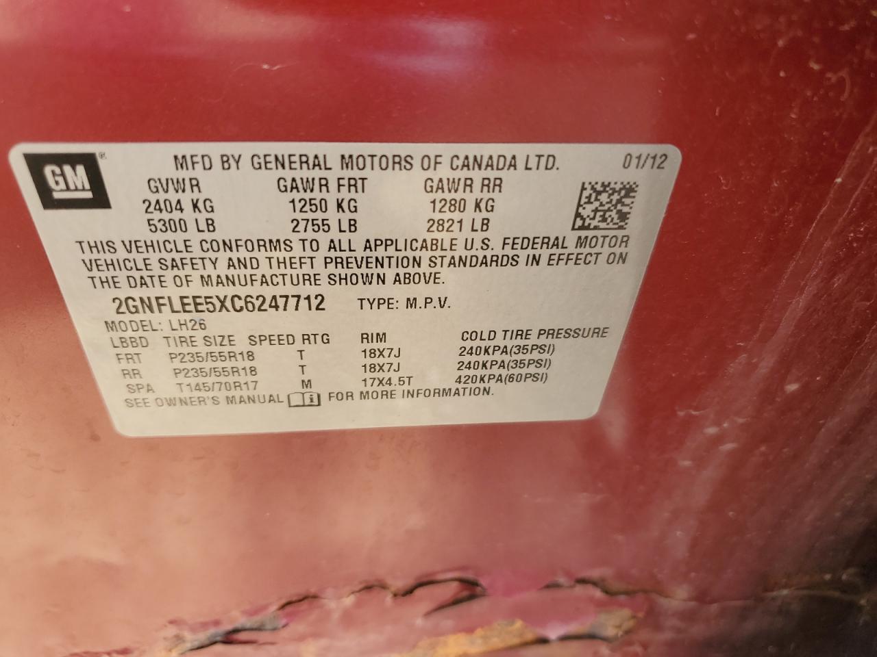 2012 Chevrolet Equinox Lt VIN: 2GNFLEE5XC6247712 Lot: 80876425