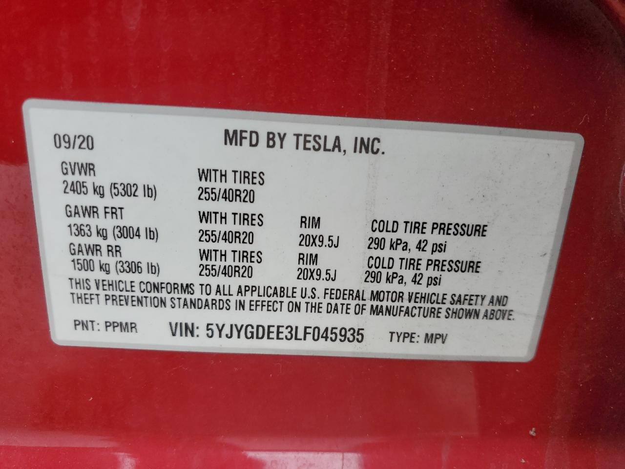 2020 Tesla Model Y VIN: 5YJYGDEE3LF045935 Lot: 71197885