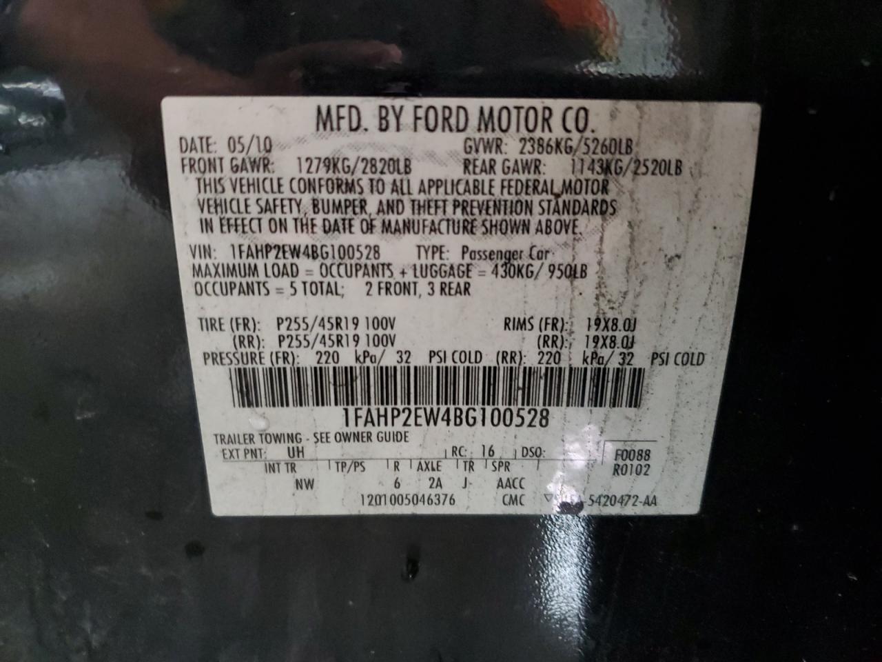 2011 Ford Taurus Sel VIN: 1FAHP2EW4BG100528 Lot: 81374145