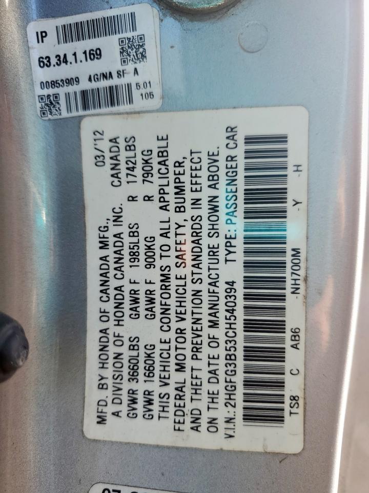 2012 Honda Civic Lx VIN: 2HGFG3B53CH540394 Lot: 83957435