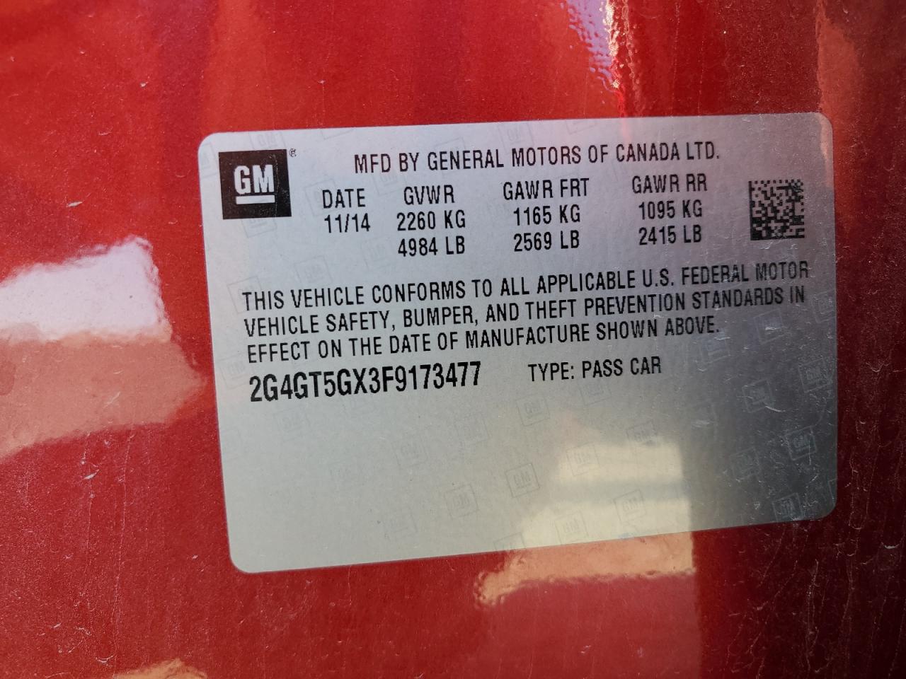 2015 Buick Regal Gs VIN: 2G4GT5GX3F9173477 Lot: 71121255