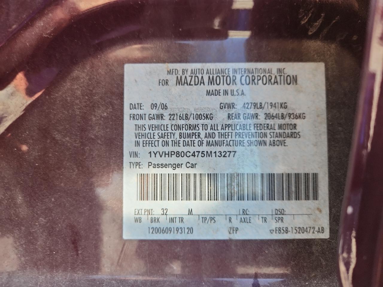 2007 Mazda 6 I VIN: 1YVHP80C475M13277 Lot: 81318115