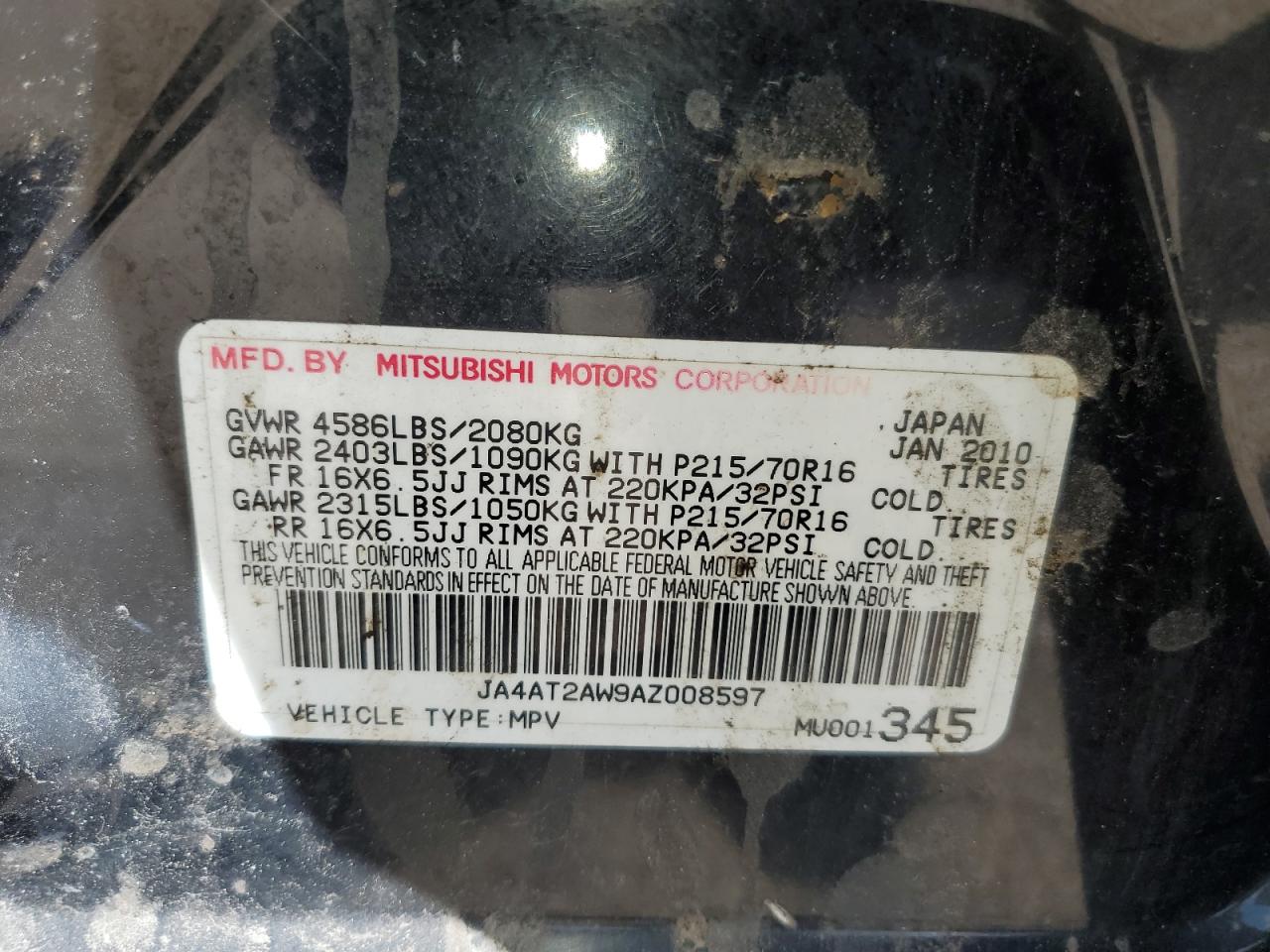 2010 Mitsubishi Outlander Es VIN: JA4AT2AW9AZ008597 Lot: 72000015