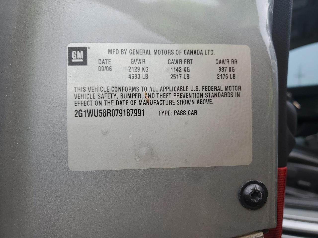 2007 Chevrolet Impala Ltz VIN: 2G1WU58R079187991 Lot: 81136015