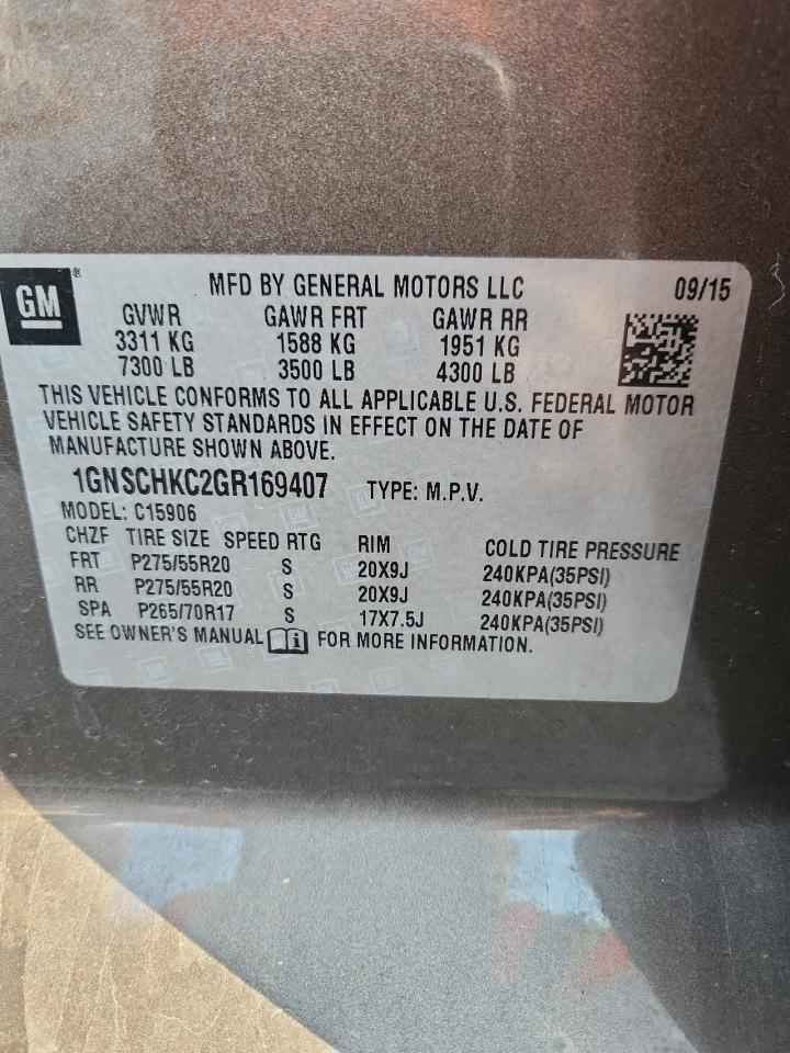 2016 Chevrolet Suburban C1500 Lt VIN: 1GNSCHKC2GR169407 Lot: 84255785