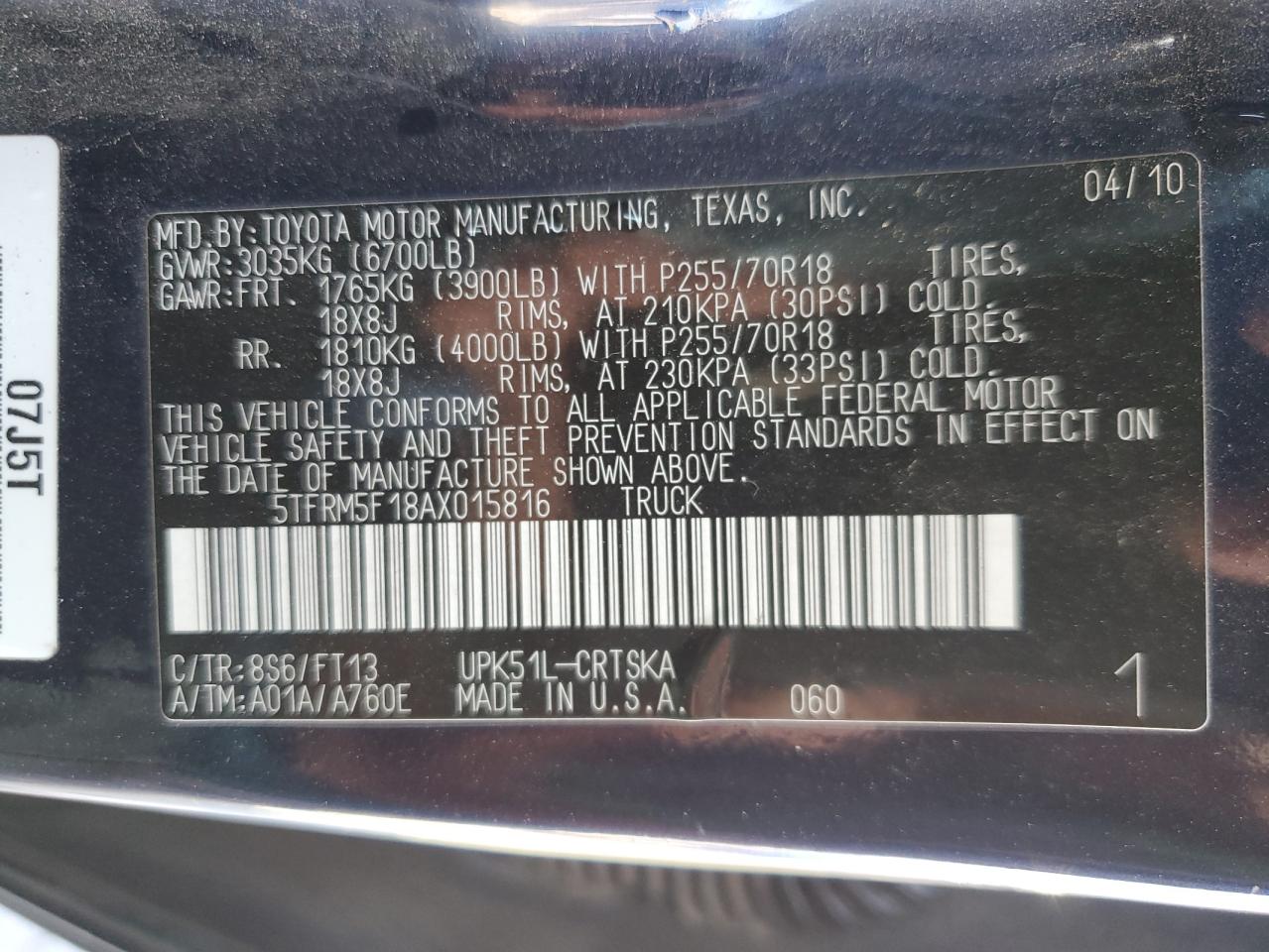 2010 Toyota Tundra Double Cab Sr5 VIN: 5TFRM5F18AX015816 Lot: 70829995