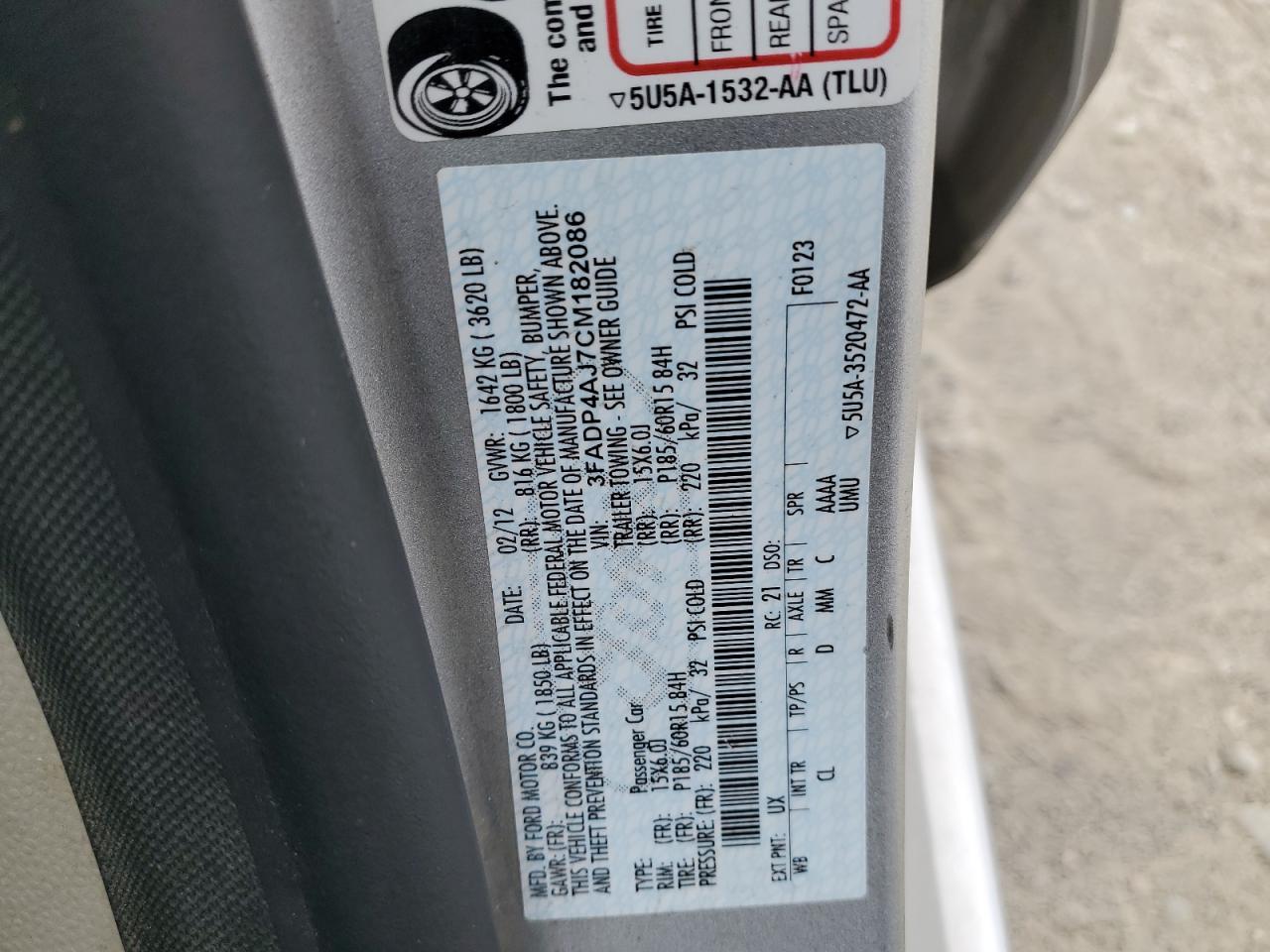 2012 Ford Fiesta S VIN: 3FADP4AJ7CM182086 Lot: 84431355