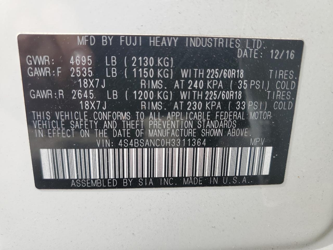 2017 Subaru Outback 2.5I Limited VIN: 4S4BSANC0H3311364 Lot: 71996765