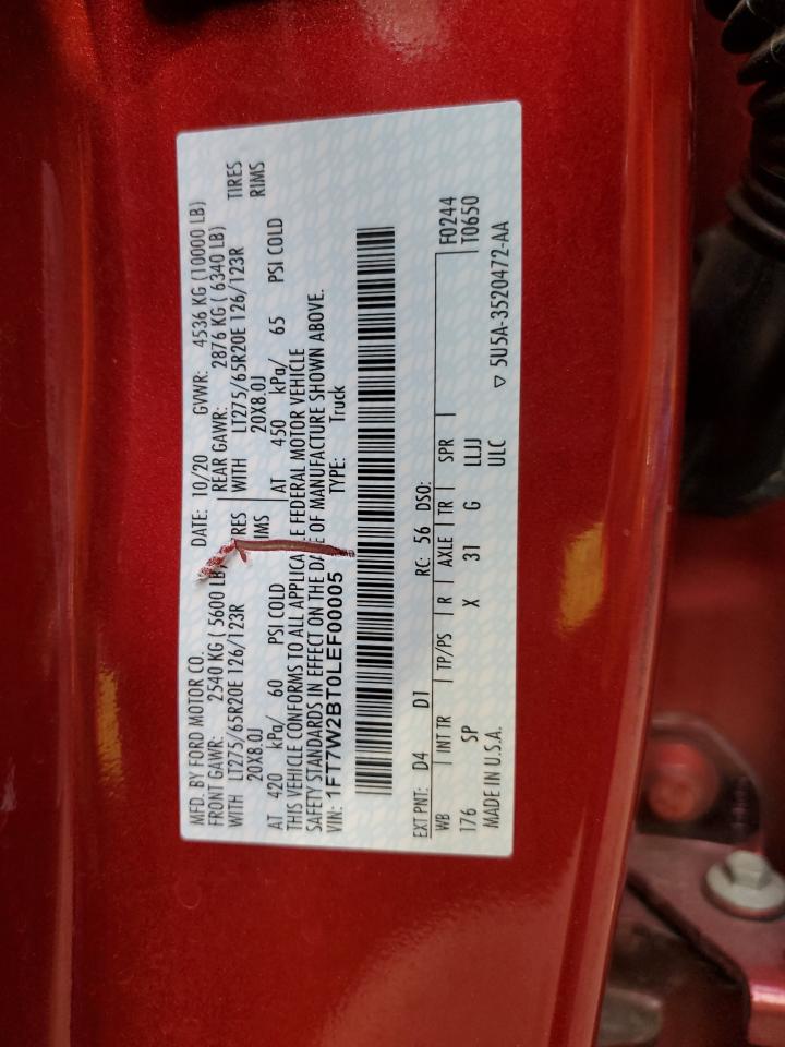2020 Ford F250 Super Duty VIN: 1FT7W2BT0LEF00005 Lot: 80761305