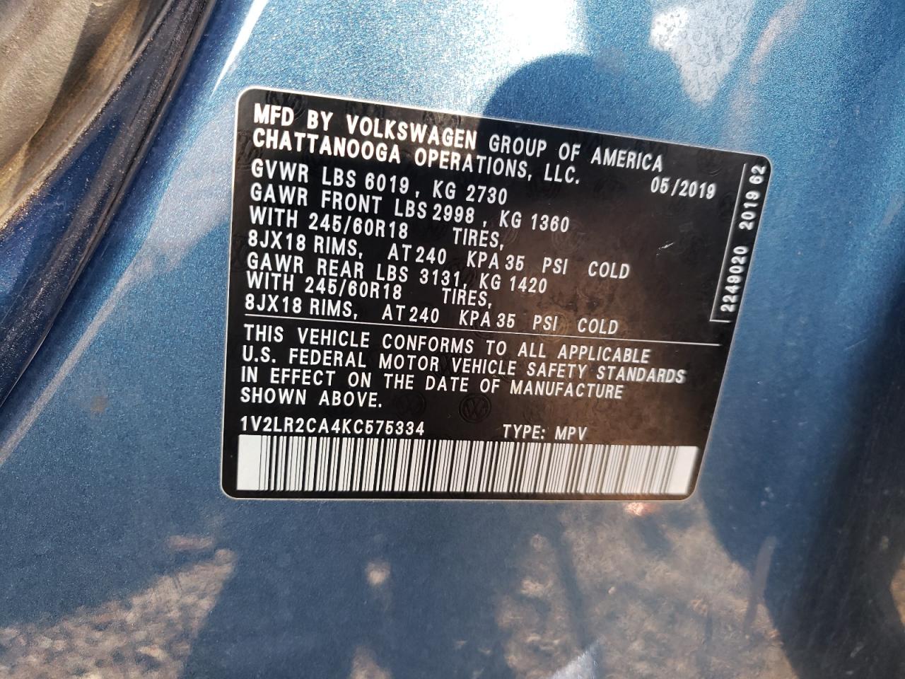 2019 Volkswagen Atlas Se VIN: 1V2LR2CA4KC575334 Lot: 70879325