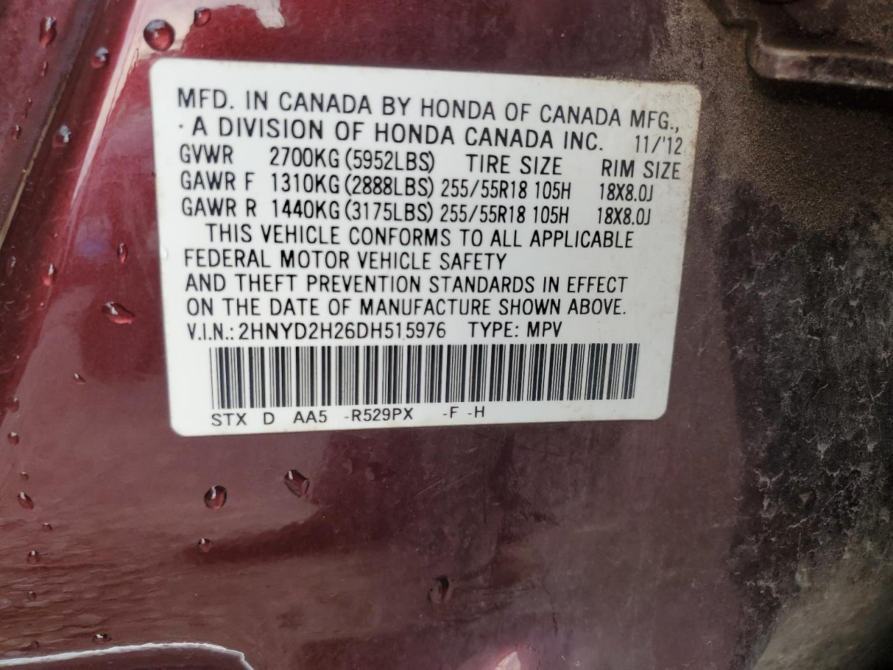 2013 Acura Mdx VIN: 2HNYD2H26DH515976 Lot: 81246835