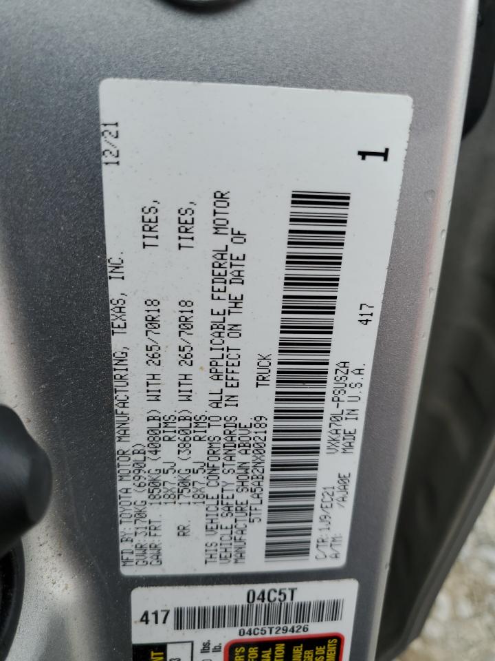 2022 Toyota Tundra Crewmax Sr VIN: 5TFLA5AB2NX002189 Lot: 84639835