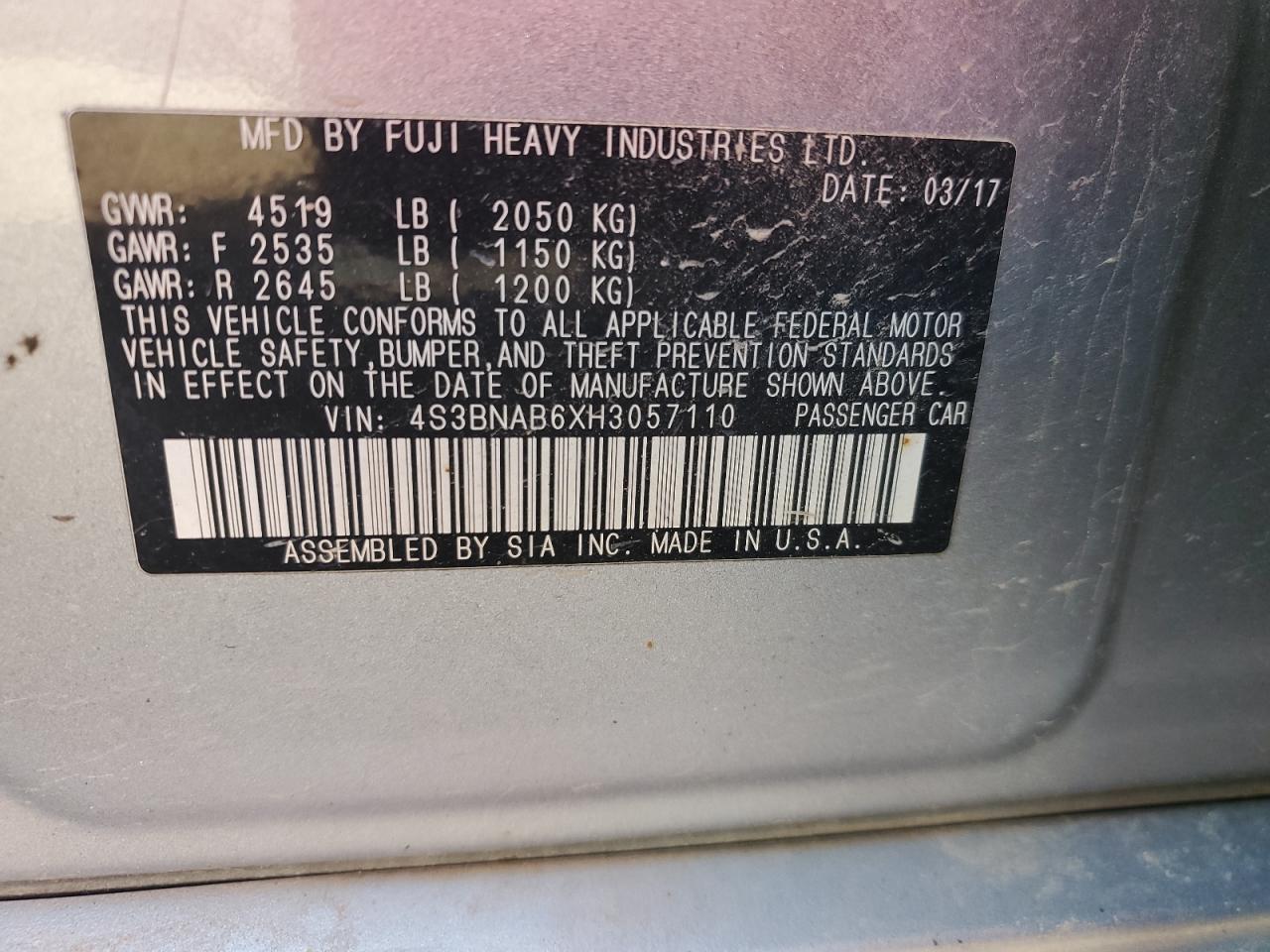 2017 Subaru Legacy 2.5I VIN: 4S3BNAB6XH3057110 Lot: 80139125