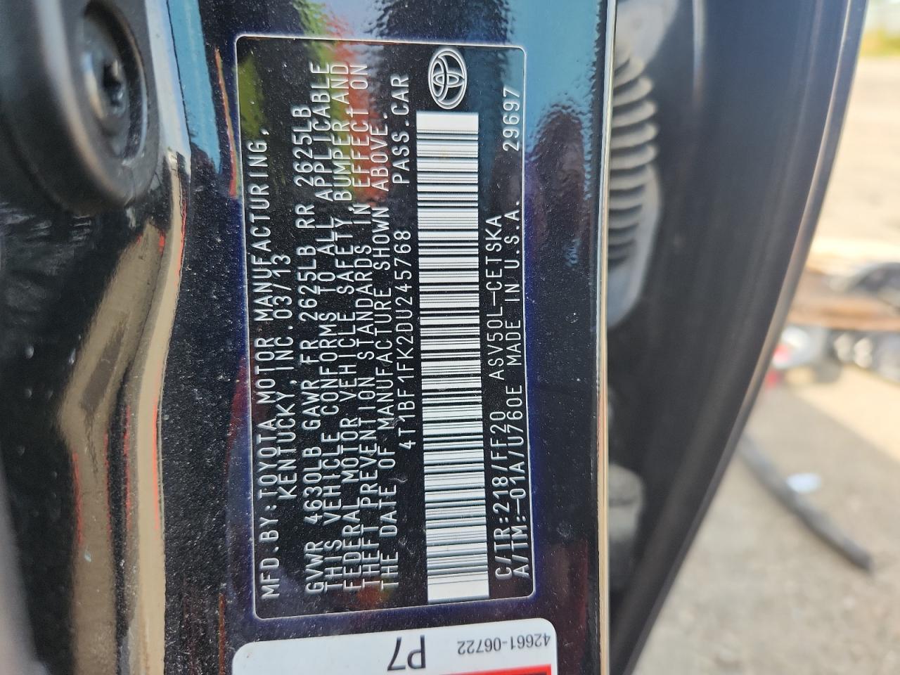 2013 Toyota Camry L VIN: 4T1BF1FK2DU245768 Lot: 80662395