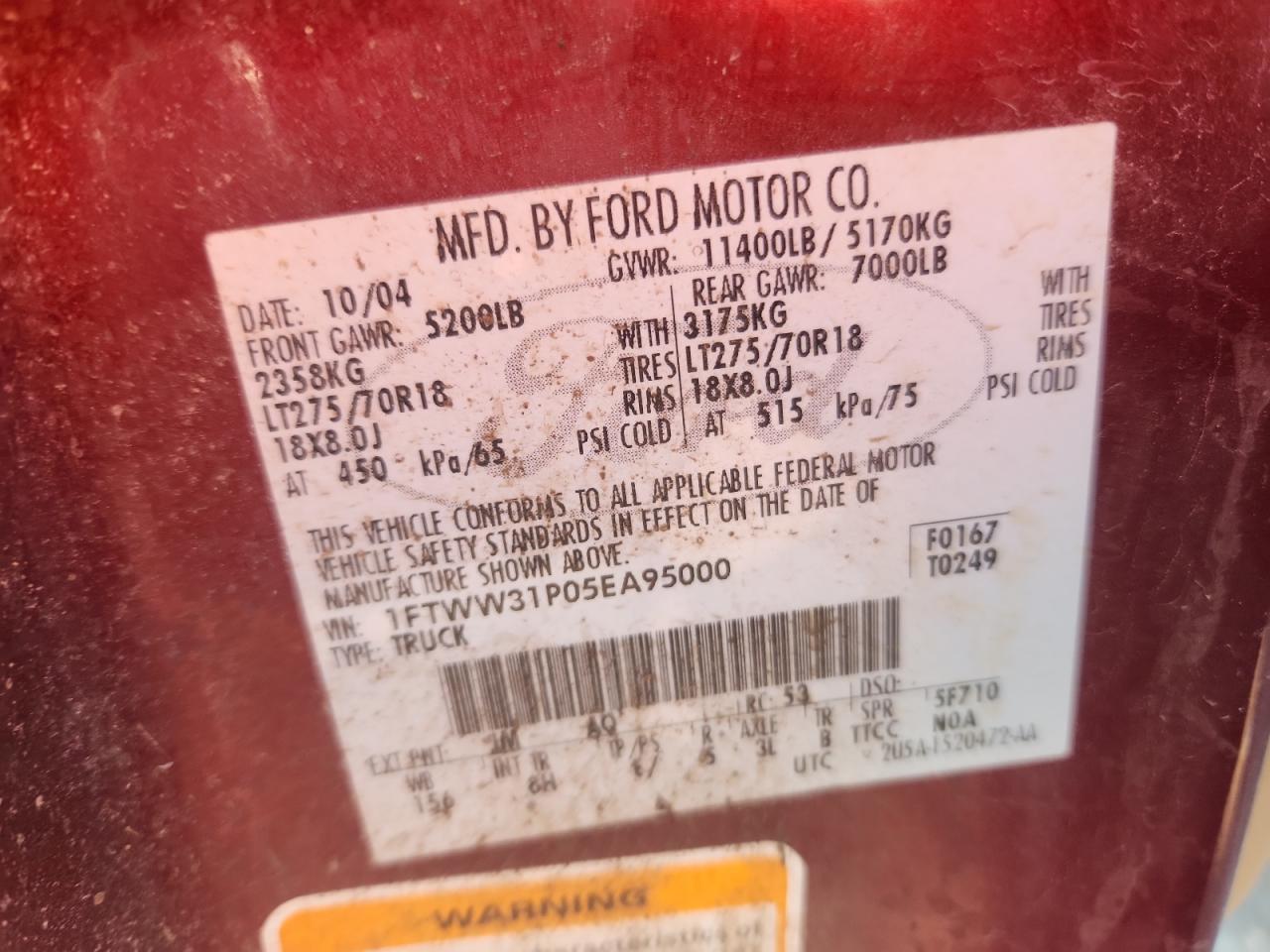 2005 Ford F350 Srw Super Duty VIN: 1FTWW31P05EA95000 Lot: 81824345