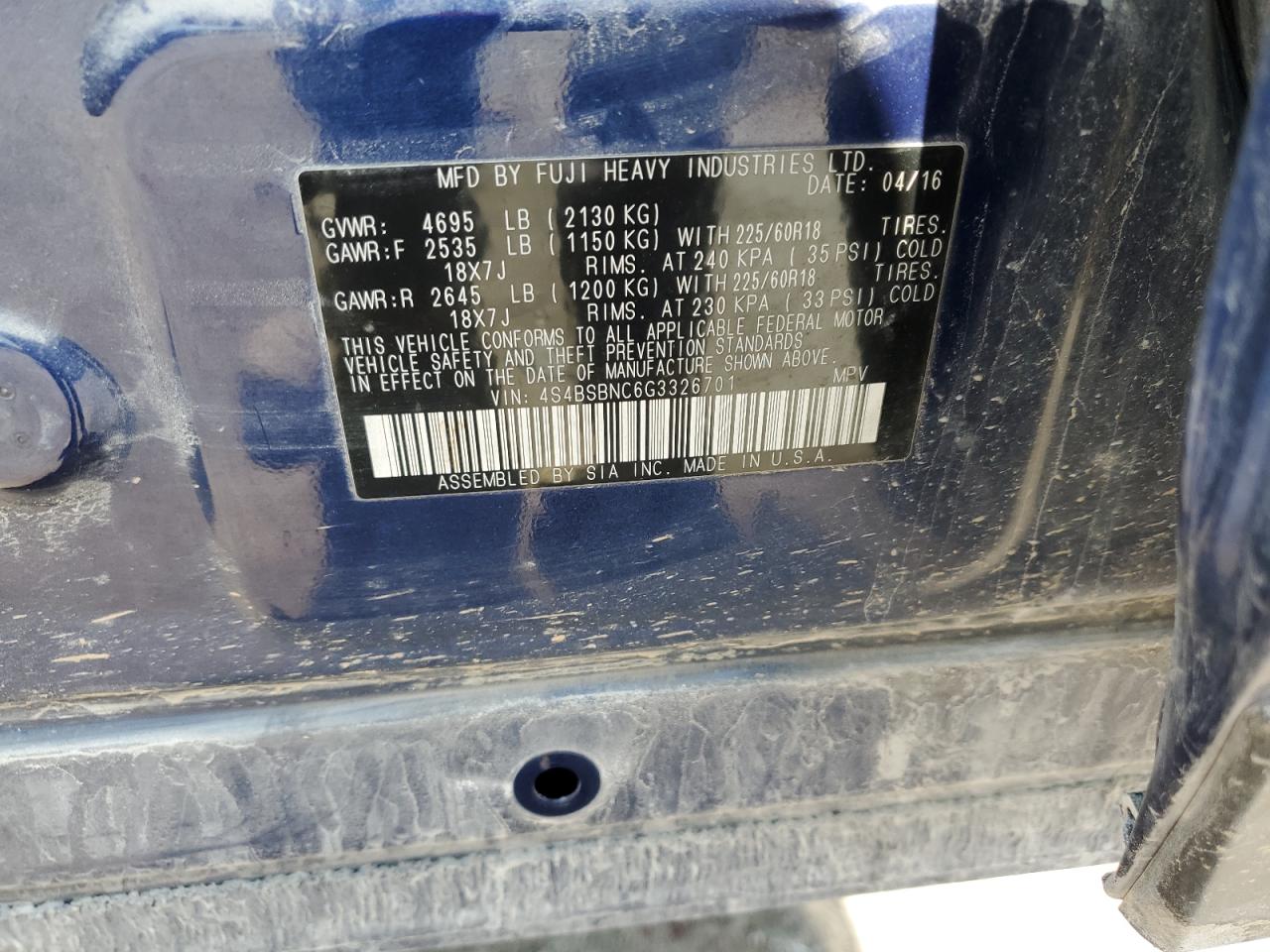 2016 Subaru Outback 2.5I Limited VIN: 4S4BSBNC6G3326701 Lot: 80133955