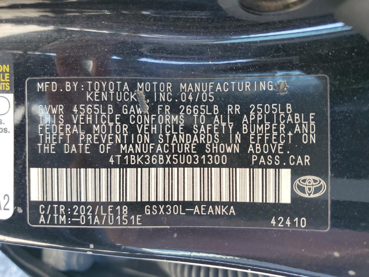 2005 Toyota Avalon Xl VIN: 4T1BK36BX5U031300 Lot: 72035765