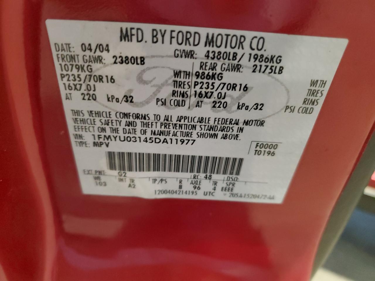 2005 Ford Escape Xlt VIN: 1FMYU03145DA11977 Lot: 71568255