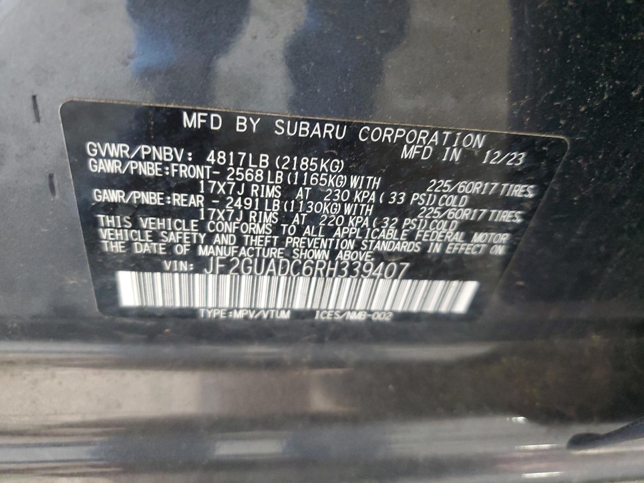 2024 Subaru Crosstrek Premium VIN: JF2GUADC6RH339407 Lot: 80260055