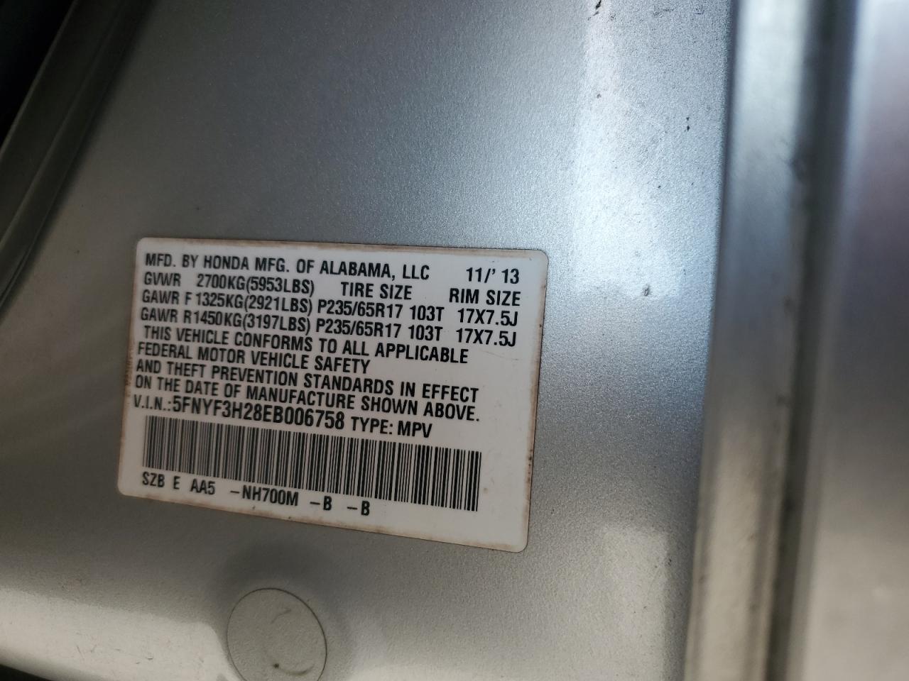 2014 Honda Pilot Lx VIN: 5FNYF3H28EB006758 Lot: 71407875