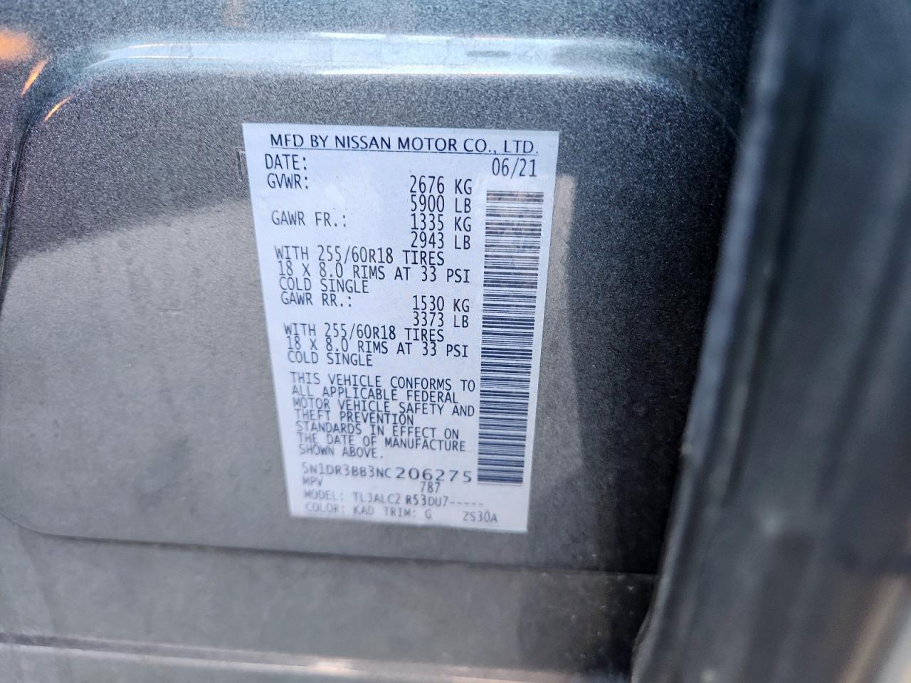 2022 Nissan Pathfinder Sv VIN: 5N1DR3BB3NC206275 Lot: 84286935