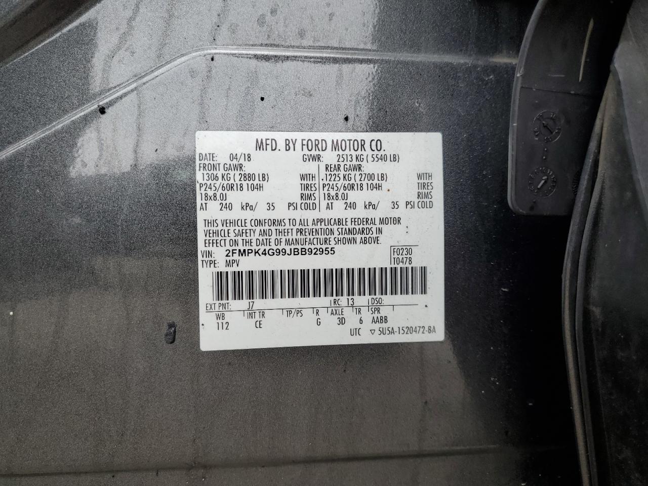 2018 Ford Edge Se VIN: 2FMPK4G99JBB92955 Lot: 81750515