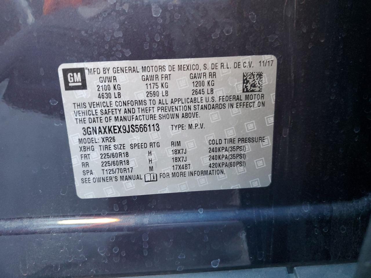 2018 Chevrolet Equinox Lt VIN: 3GNAXKEX9JS566113 Lot: 80313315