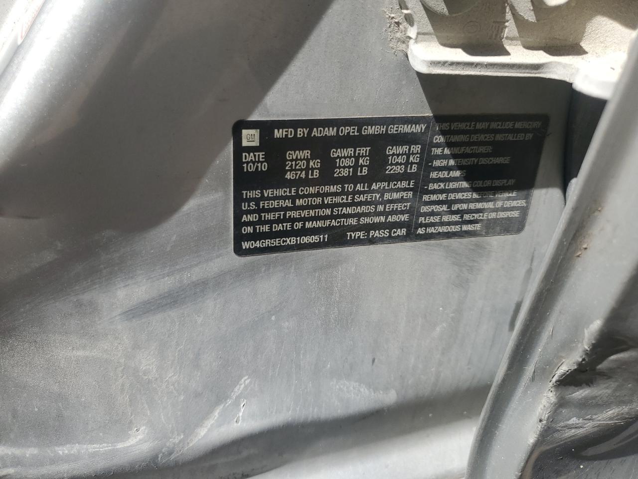 2011 Buick Regal Cxl VIN: W04GR5ECXB1060511 Lot: 71272775