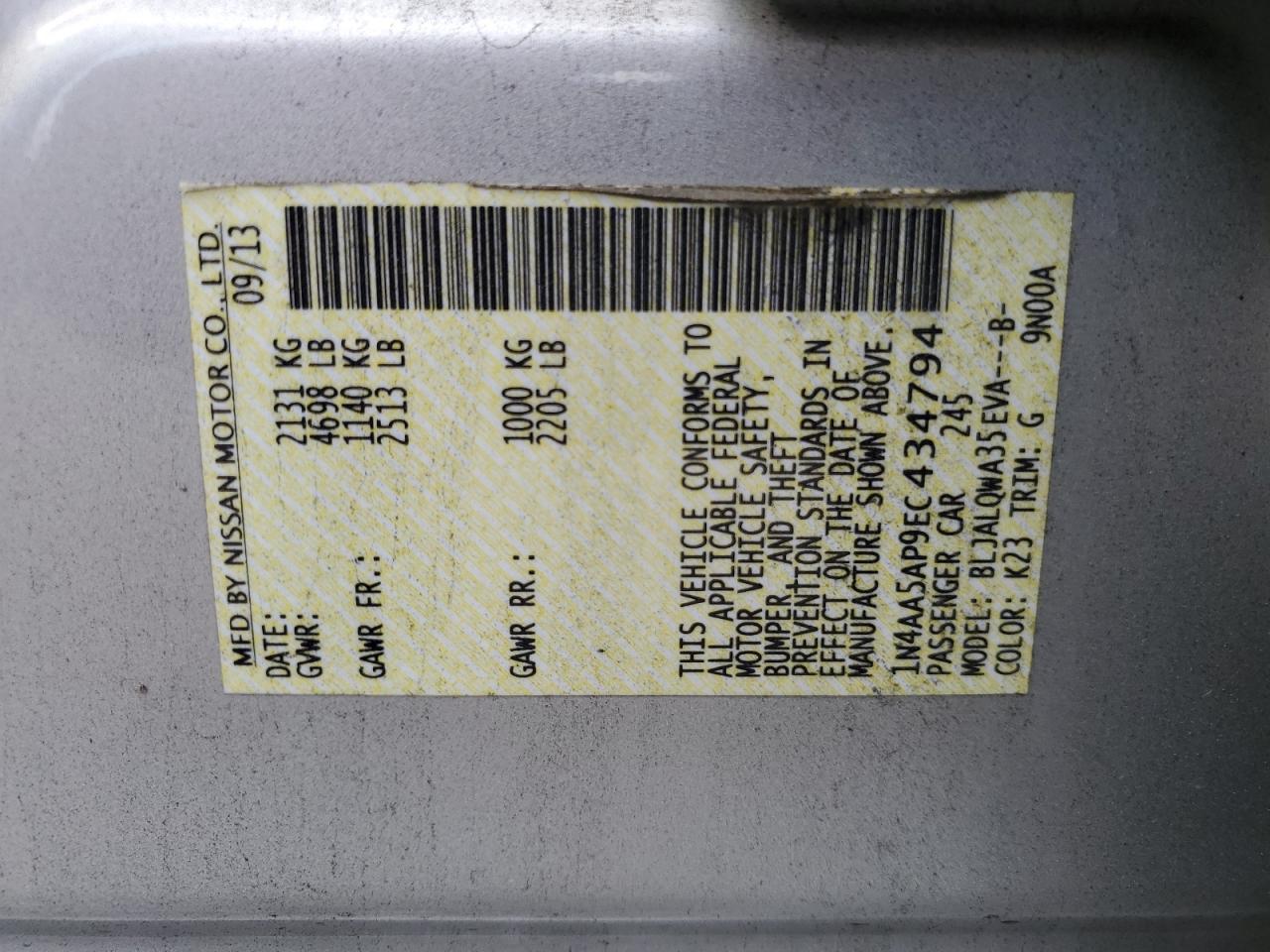 2014 Nissan Maxima S VIN: 1N4AA5AP9EC434794 Lot: 71796045