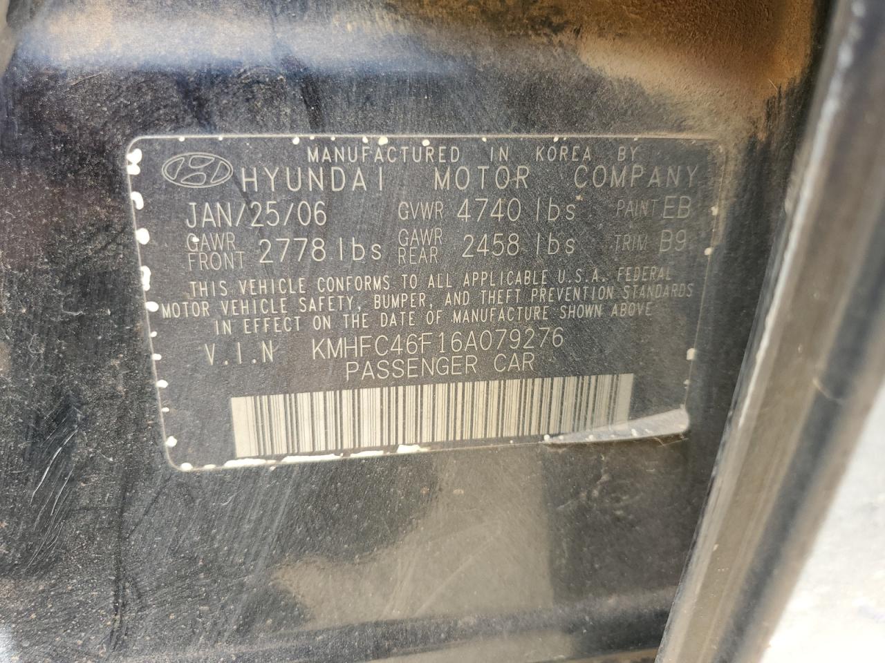 2006 Hyundai Azera Se VIN: KMHFC46F16A079276 Lot: 86229665