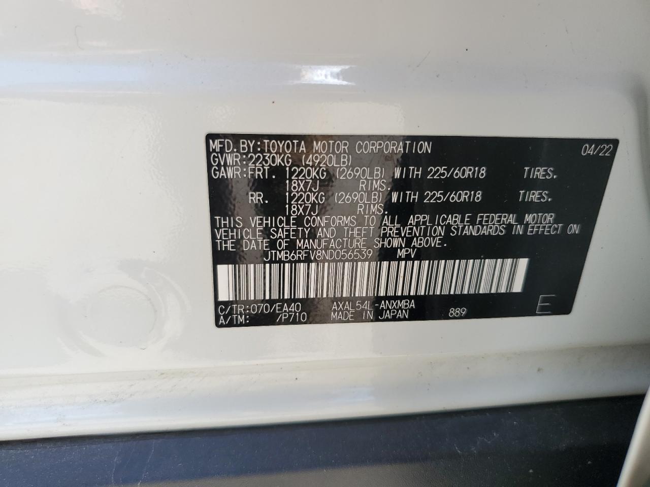 2022 Toyota Rav4 Xle Premium VIN: JTMB6RFV8ND056539 Lot: 80301895