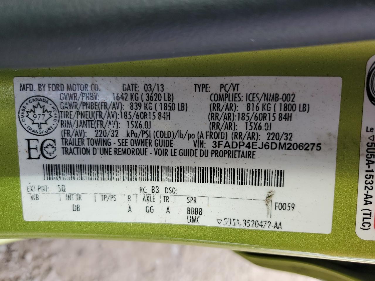 2013 Ford Fiesta Se VIN: 3FADP4EJ6DM206275 Lot: 71321815