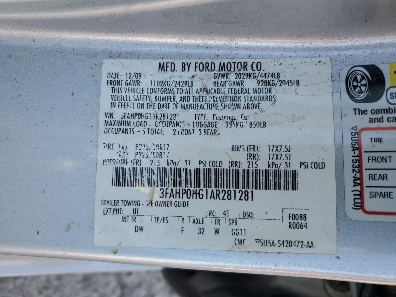 2010 Ford Fusion Se VIN: 3FAHP0HG1AR281281 Lot: 80264025