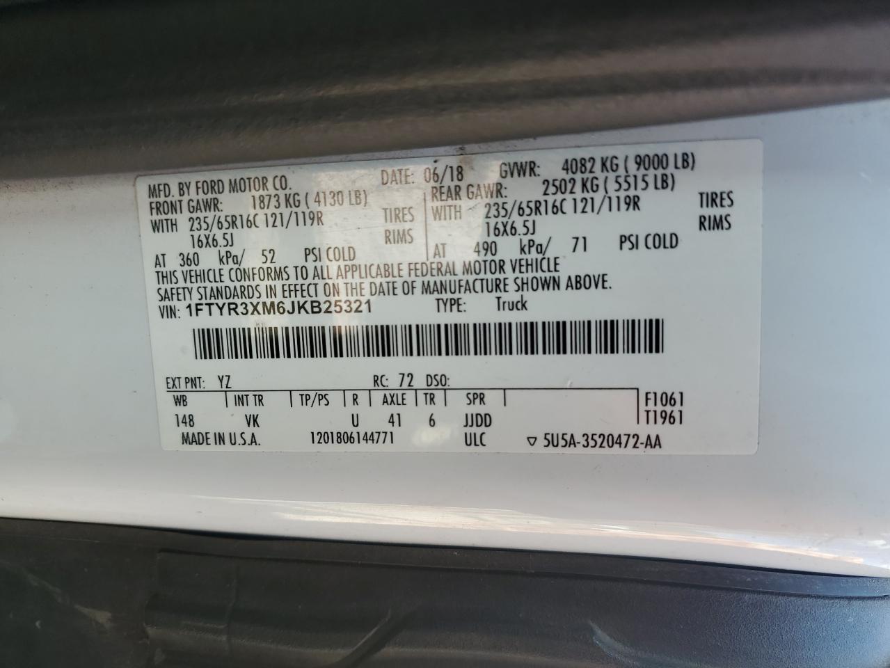 2018 Ford Transit T-250 VIN: 1FTYR3XM6JKB25321 Lot: 72089645