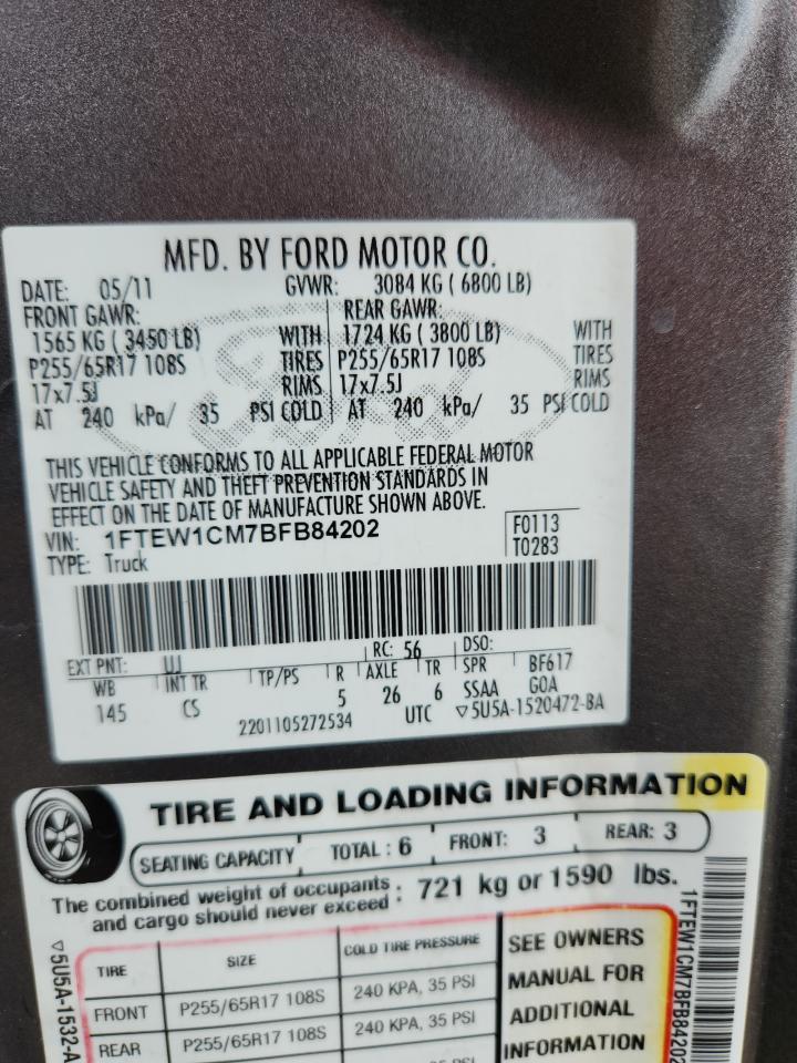 2011 Ford F150 Supercrew VIN: 1FTEW1CM7BFB84202 Lot: 81155925