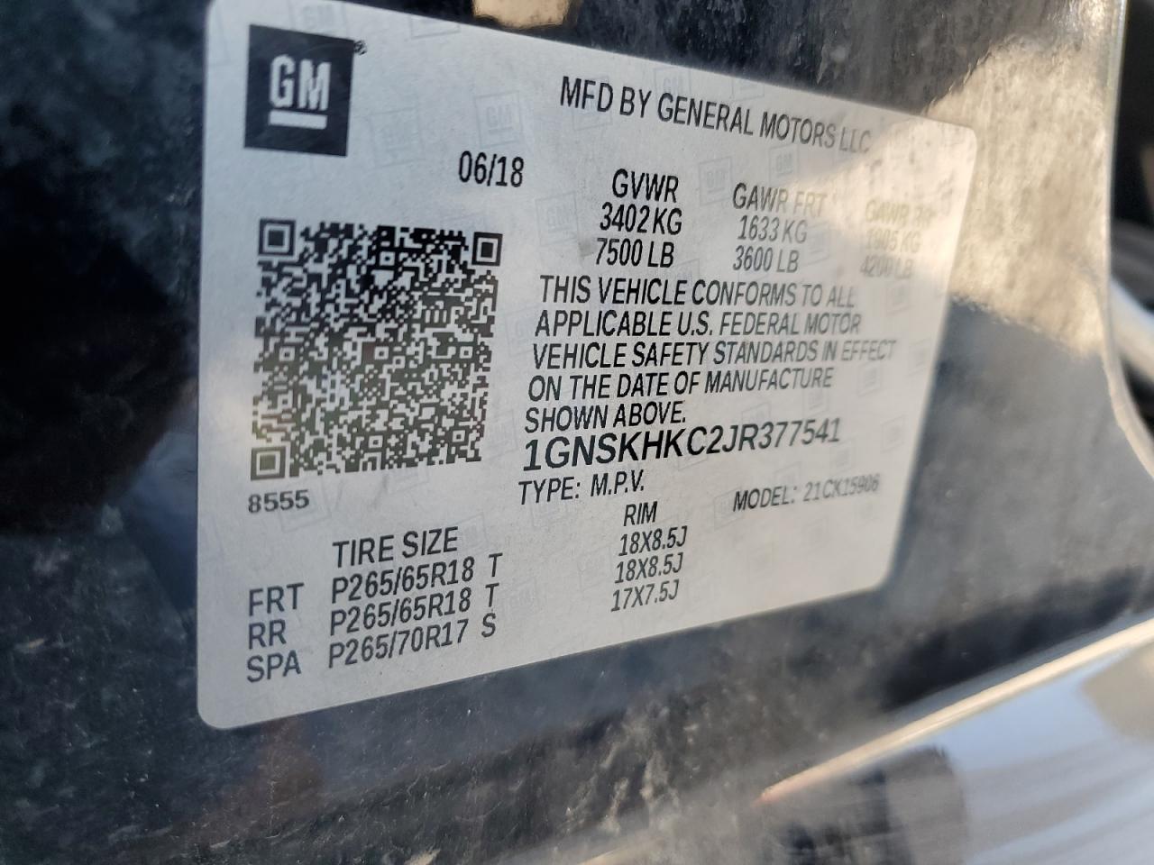 2018 Chevrolet Suburban K1500 Lt VIN: 1GNSKHKC2JR377541 Lot: 80444485