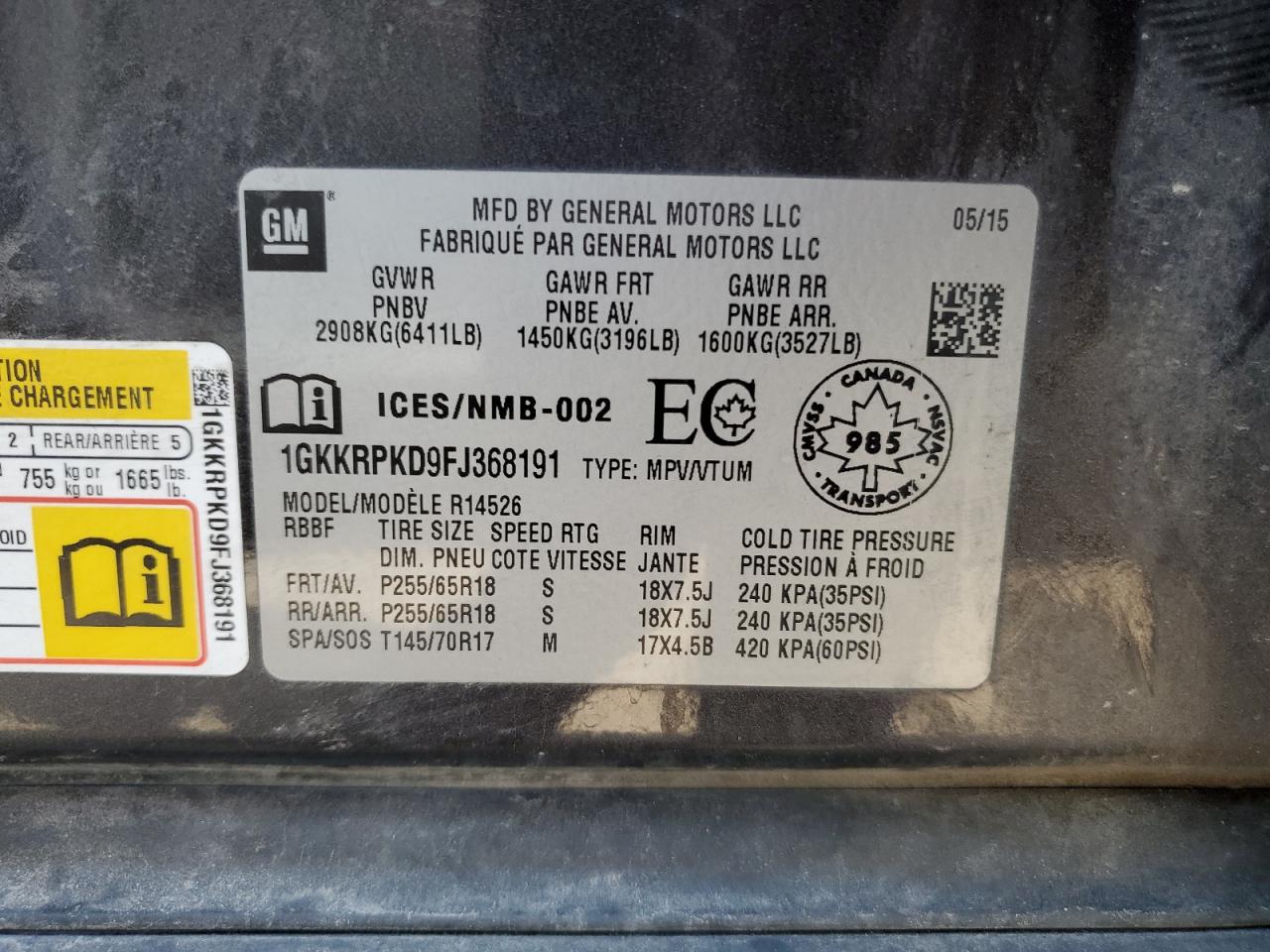 2015 GMC Acadia Sle VIN: 1GKKRPKD9FJ368191 Lot: 71954555