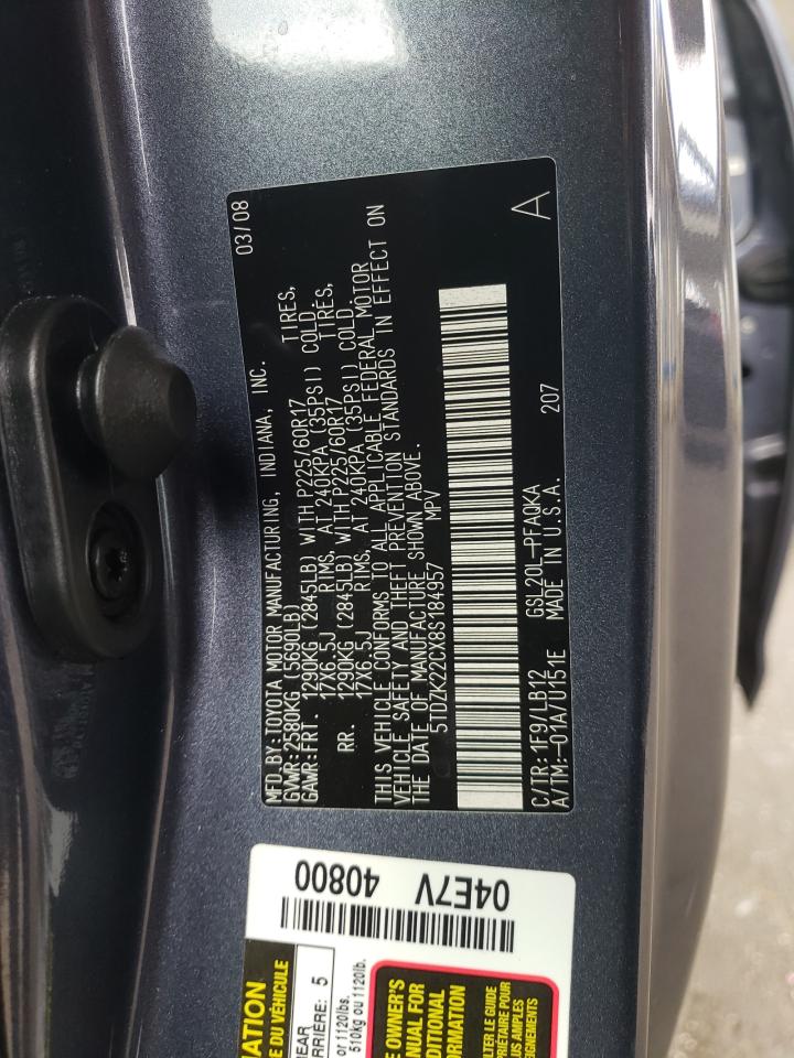 2008 Toyota Sienna Xle VIN: 5TDZK22CX8S184957 Lot: 80167035