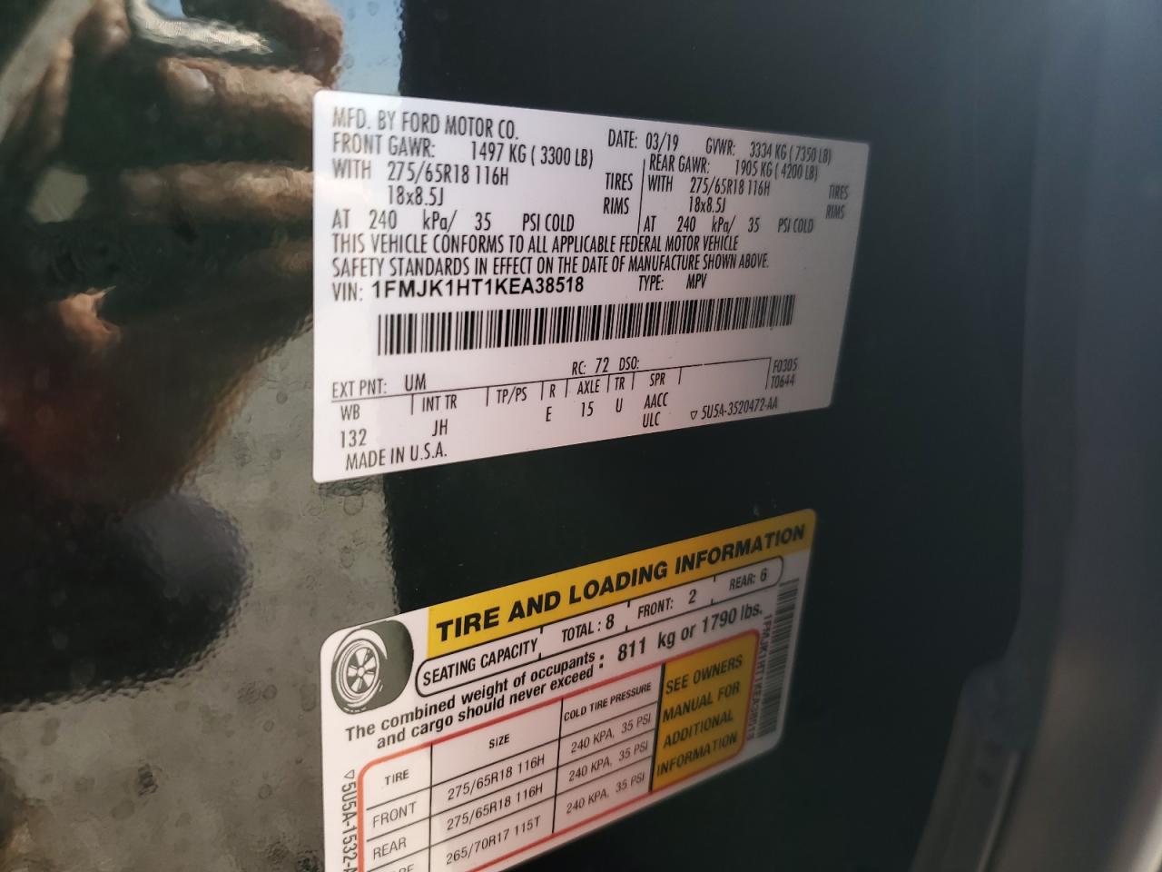 2019 Ford Expedition Max Xlt VIN: 1FMJK1HT1KEA38518 Lot: 71404955