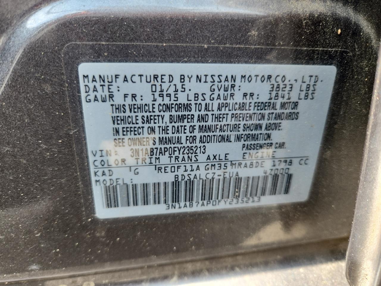 2015 Nissan Sentra S VIN: 3N1AB7AP0FY235213 Lot: 80543925