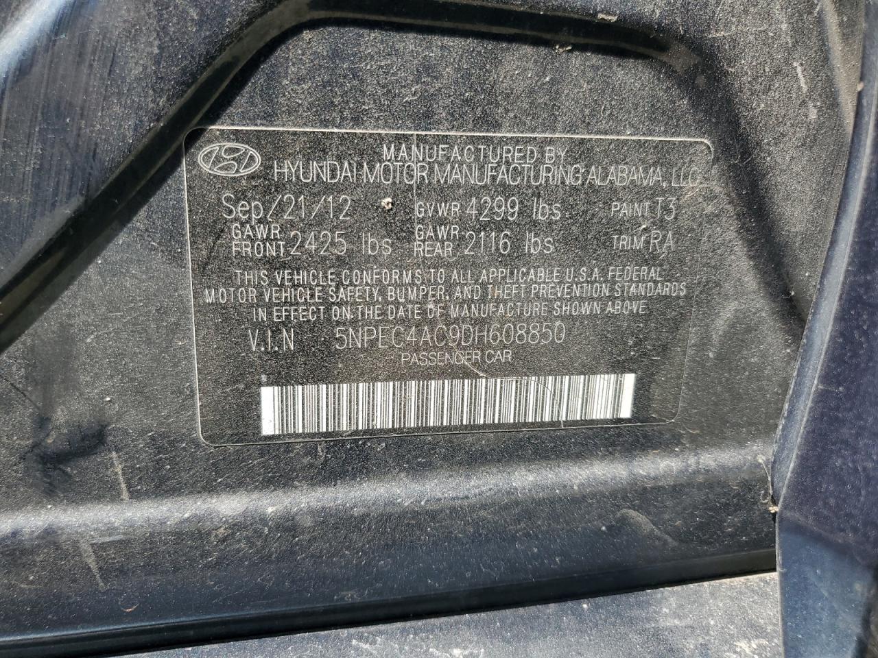 2013 Hyundai Sonata Se VIN: 5NPEC4AC9DH608850 Lot: 81278605