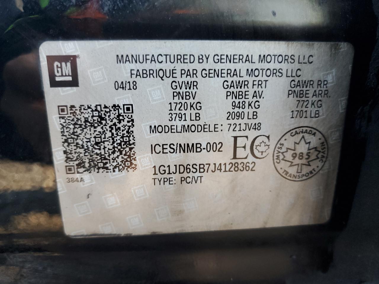 2018 Chevrolet Sonic Lt VIN: 1G1JD6SB7J4128362 Lot: 67175485