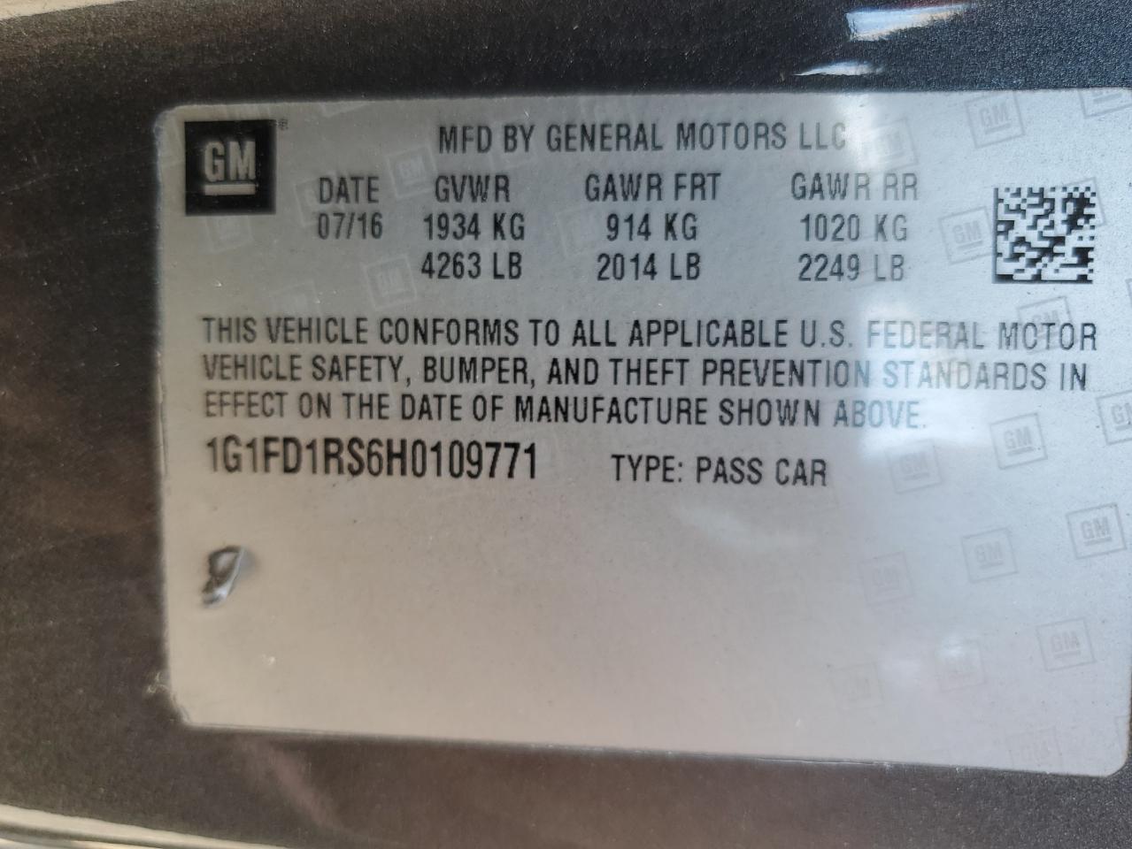 2017 Chevrolet Camaro Lt VIN: 1G1FD1RS6H0109771 Lot: 72004385