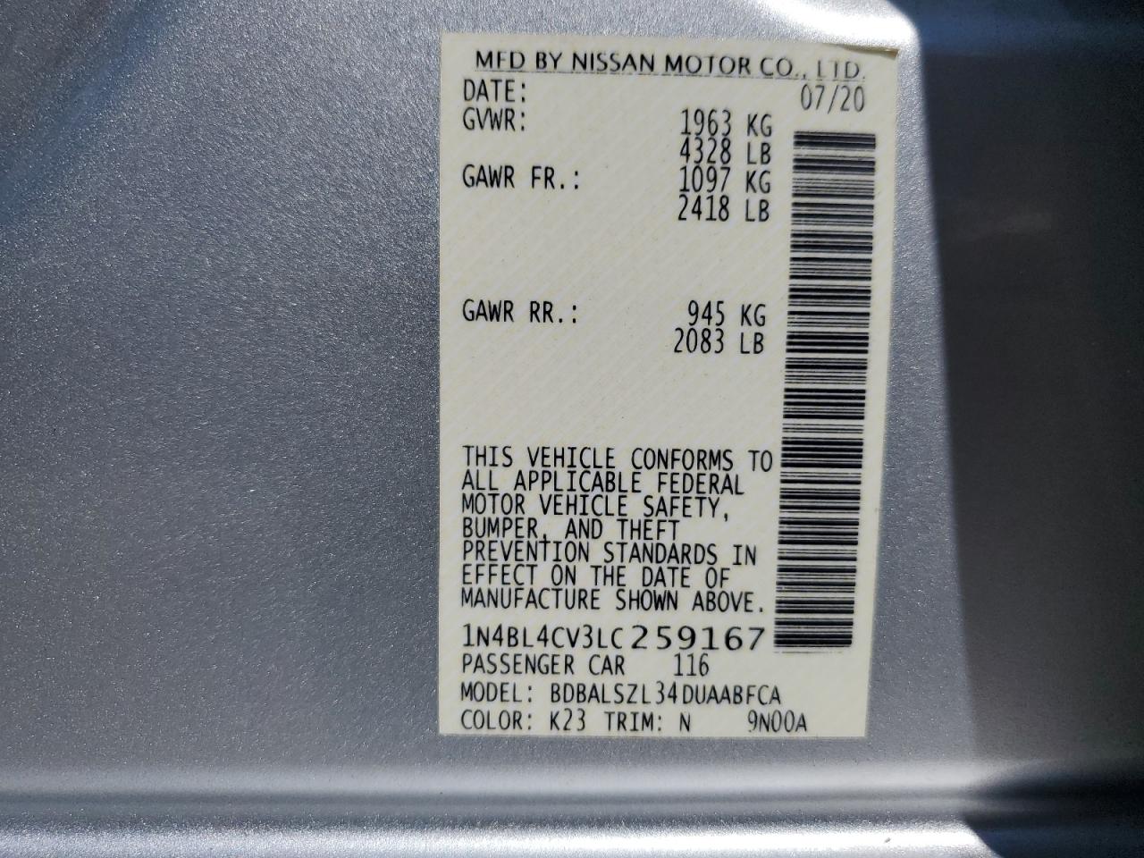 2020 Nissan Altima Sr VIN: 1N4BL4CV3LC259167 Lot: 80090235