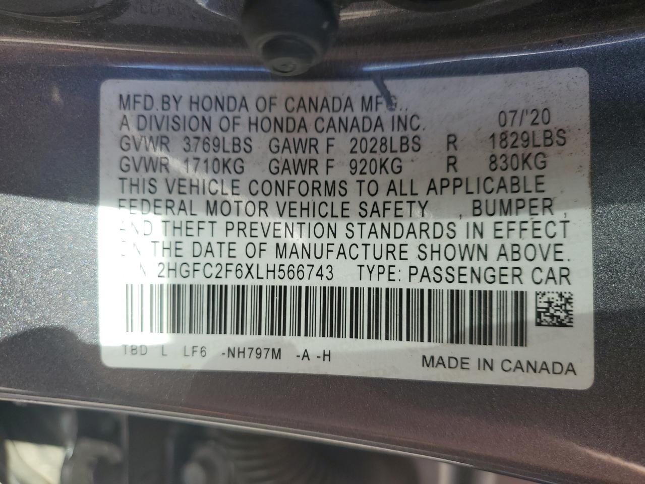 2020 Honda Civic Lx VIN: 2HGFC2F6XLH566743 Lot: 84167645