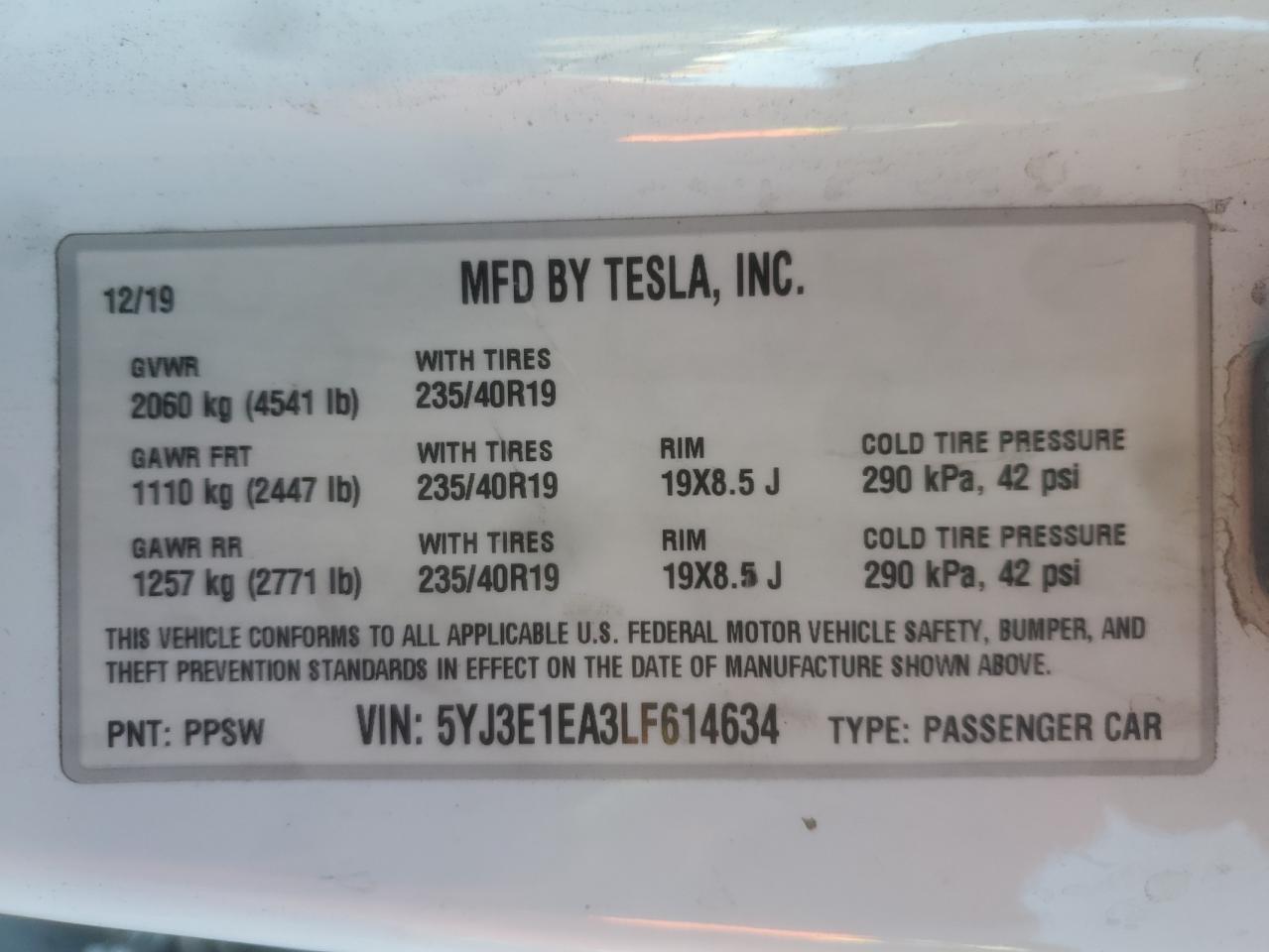 2020 Tesla Model 3 VIN: 5YJ3E1EA3LF614634 Lot: 80351945