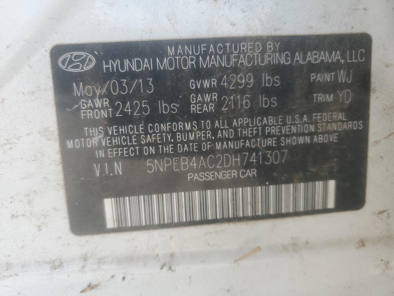 2013 Hyundai Sonata Gls VIN: 5NPEB4AC2DH741307 Lot: 81870625