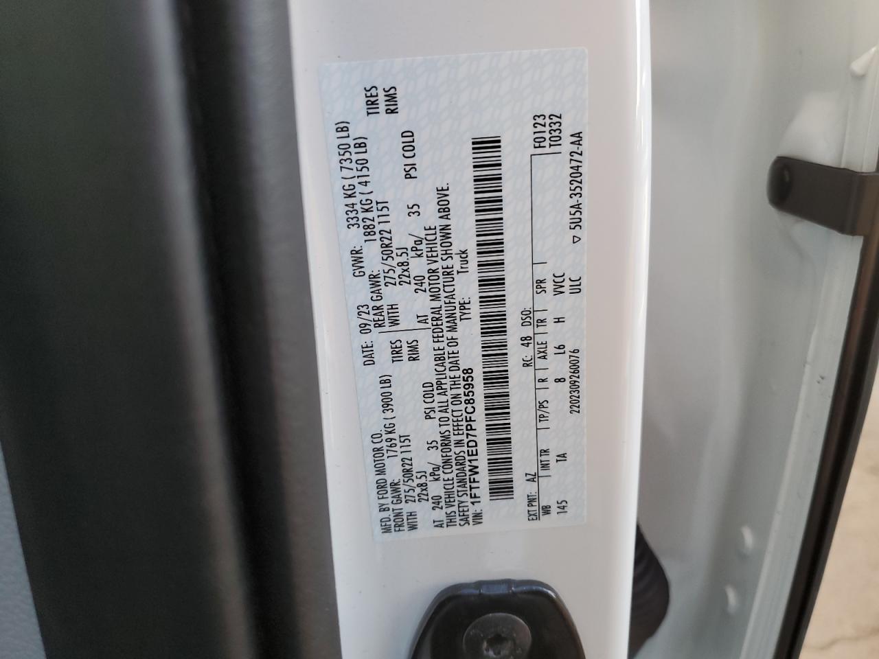 2023 Ford F150 Supercrew VIN: 1FTFW1ED7PFC85958 Lot: 81893655